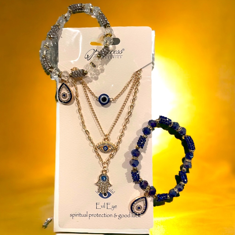 NEW 2 Set! Evil Eye Triple Layered necklace in gold with a bracelet.